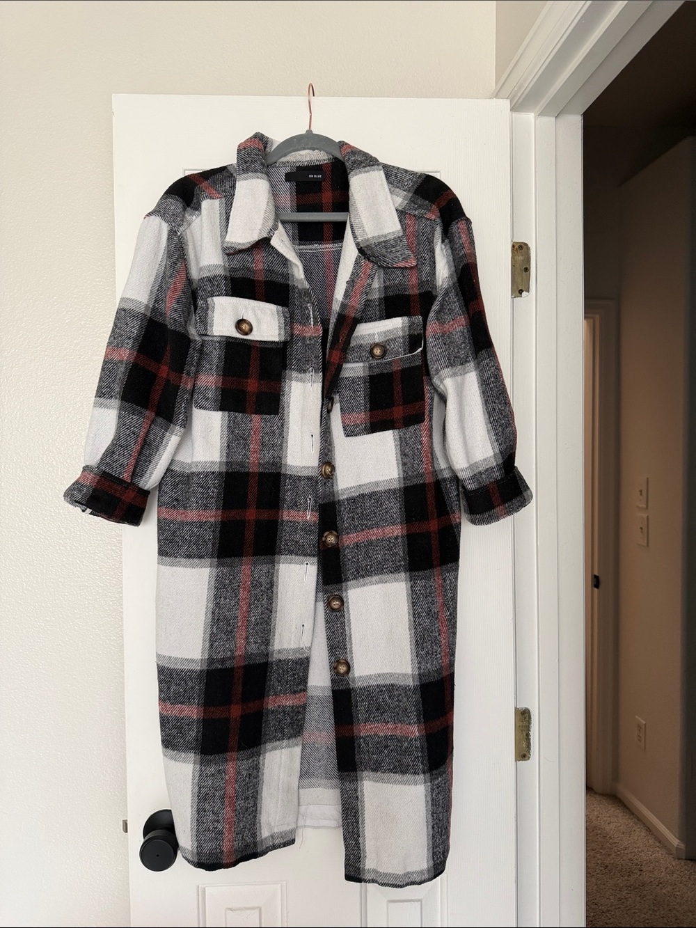 On Blue Plaid Long Shacket Coat in Black, White, Gray & Red Size Med